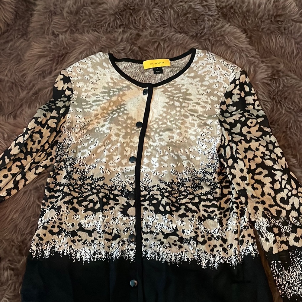 St John Yellow Label Animal Print Cardigan Wool Blend Black Snap Button